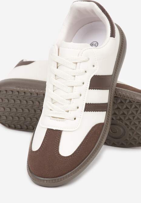 Beżowo-Brązowe Casualowe Sneakersy na Płaskiej Podeszwie z Paskami Jereria 6