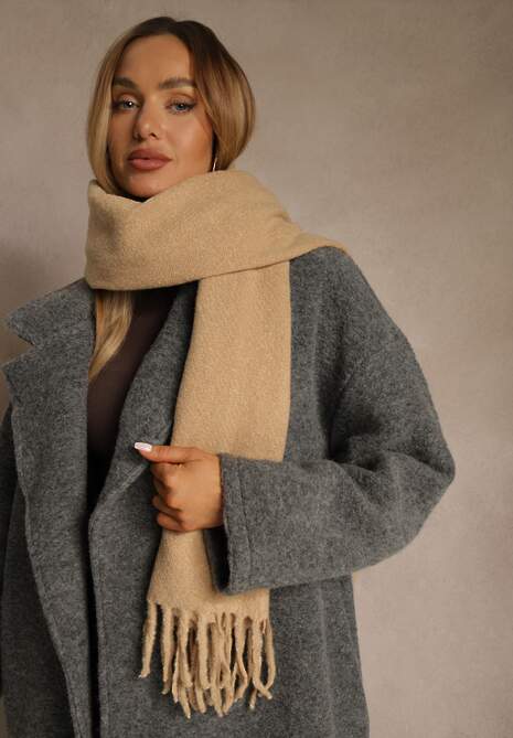 Ciemnobeżowy Gładki Szalik z Frędzlami Vetimare