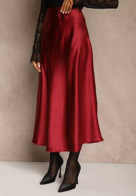 Bordowa Satynowa Midi Spódnica Rozkloszowana z Gumką w Pasie i Suwakiem Leose 4