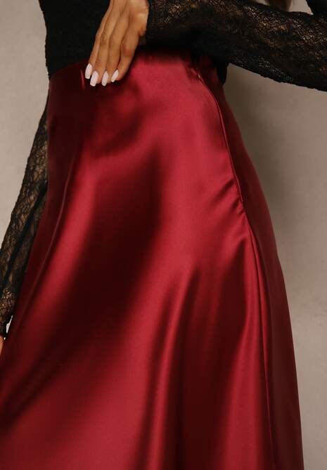 Bordowa Satynowa Midi Spódnica Rozkloszowana z Gumką w Pasie i Suwakiem Leose 5