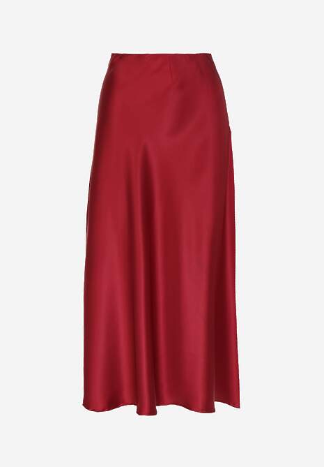 Bordowa Satynowa Midi Spódnica Rozkloszowana z Gumką w Pasie i Suwakiem Leose 6