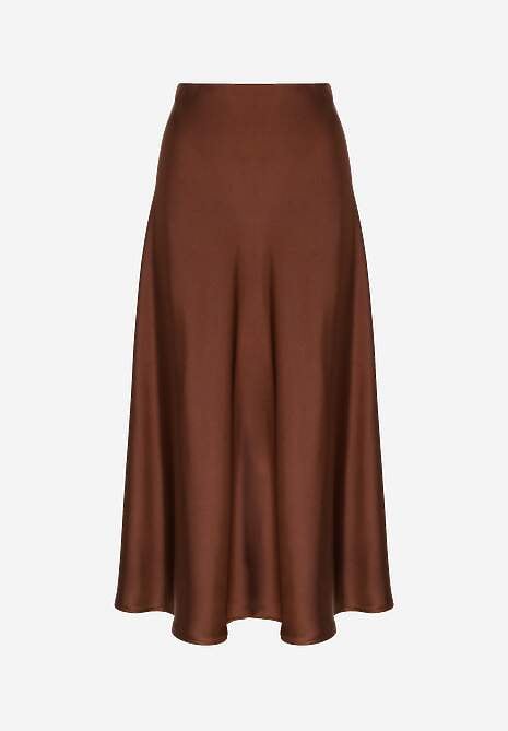 Brązowa Satynowa Midi Spódnica Rozkloszowana z Gumką w Pasie i Suwakiem Leose 6