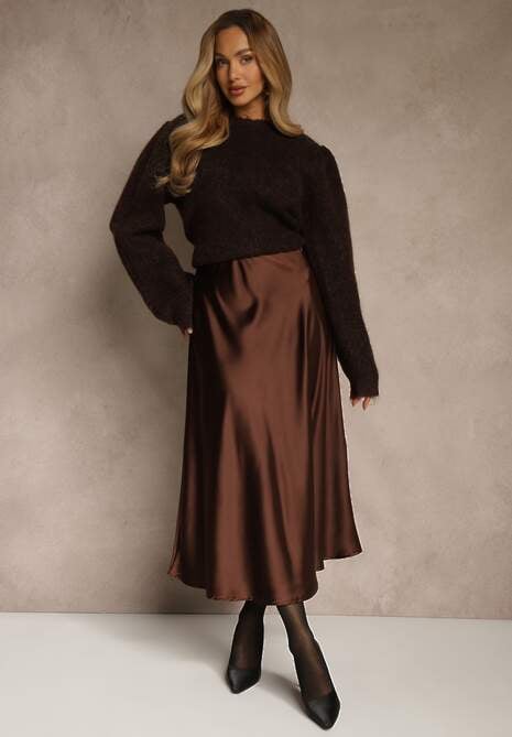 Brązowa Satynowa Midi Spódnica Rozkloszowana z Gumką w Pasie i Suwakiem Leose