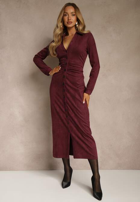 Bordowa Marszczona Sukienka z Imitacji Zamszu o Koszulowym Kroju Esora 4