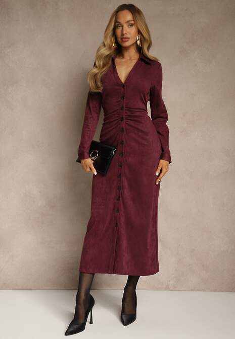 Bordowa Marszczona Sukienka z Imitacji Zamszu o Koszulowym Kroju Esora