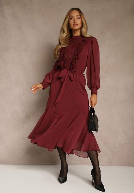 Bordowa Romantyczna Sukienka z Bufiastymi Rękawami i Falbanką z Koronki Sewmira