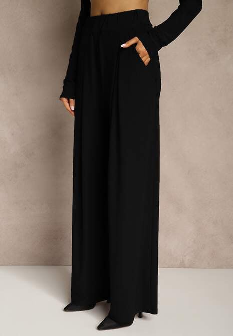 Czarny Elegancki Komplet Spodnie Wide Leg i Bluzka z Poduszkami w Ramionach Sewinea 4