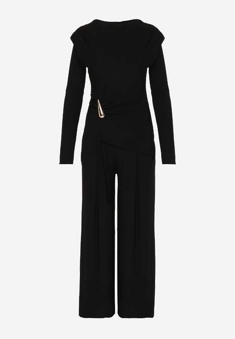Czarny Elegancki Komplet Spodnie Wide Leg i Bluzka z Poduszkami w Ramionach Sewinea 6