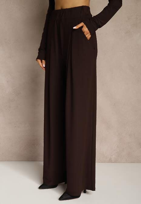 Brązowy Elegancki Komplet Spodnie Wide Leg i Bluzka z Poduszkami w Ramionach Sewinea 4