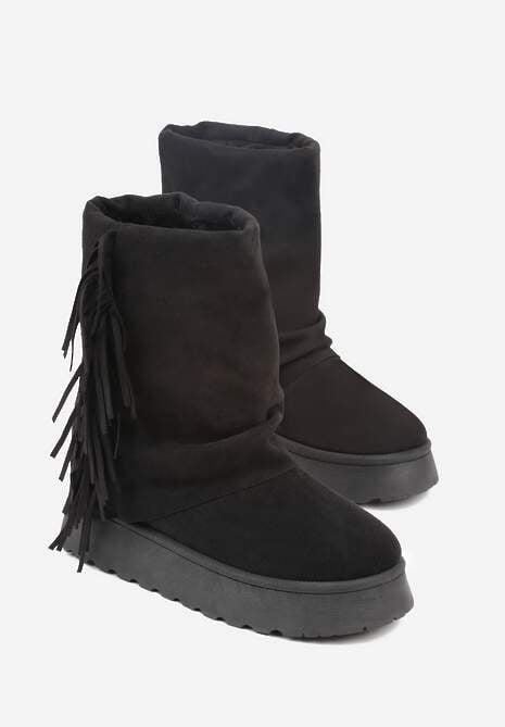 Czarne Botki Śniegowce z Wywiniętą Cholewką Zdobioną Frędzlami Sewela 5