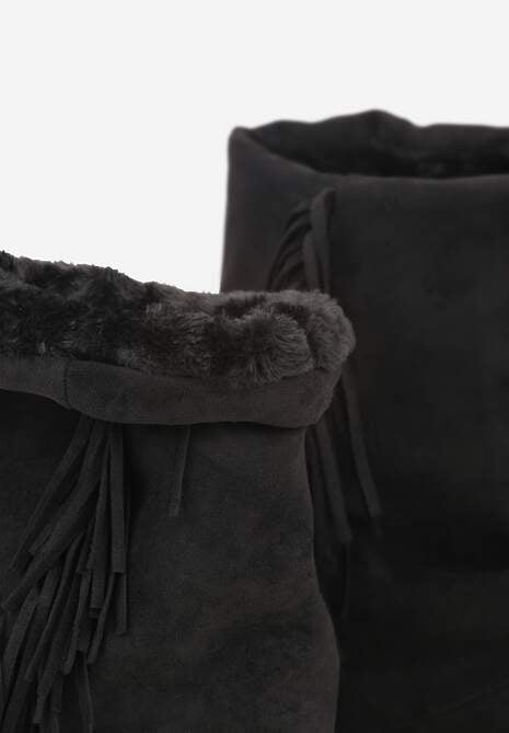 Czarne Botki Śniegowce z Wywiniętą Cholewką Zdobioną Frędzlami Sewela 6