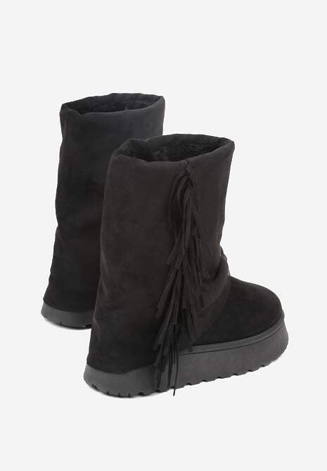 Czarne Botki Śniegowce z Wywiniętą Cholewką Zdobioną Frędzlami Sewela 7