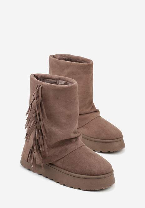 Jasnobrązowe Botki Śniegowce z Wywiniętą Cholewką Zdobioną Frędzlami Sewela 5