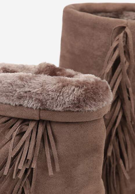 Jasnobrązowe Botki Śniegowce z Wywiniętą Cholewką Zdobioną Frędzlami Sewela 6