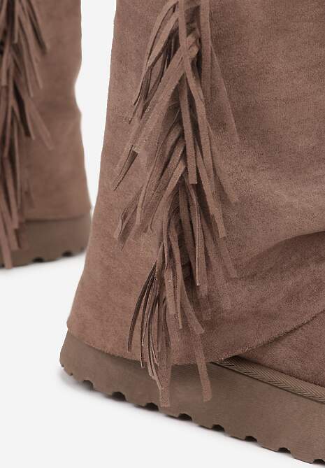 Jasnobrązowe Botki Śniegowce z Wywiniętą Cholewką Zdobioną Frędzlami Sewela 7