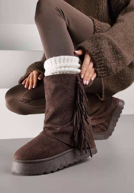 Brązowe Botki Śniegowce z Wywiniętą Cholewką Zdobioną Frędzlami Sewela
