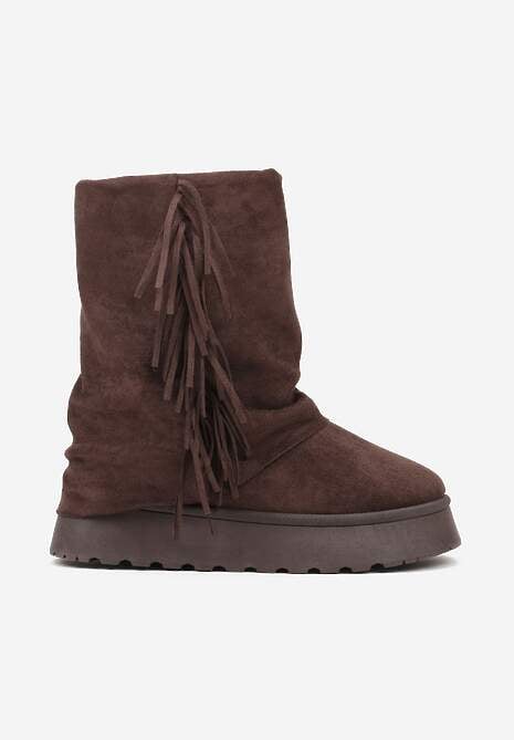 Brązowe Botki Śniegowce z Wywiniętą Cholewką Zdobioną Frędzlami Sewela 4