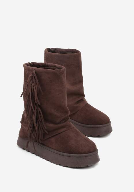 Brązowe Botki Śniegowce z Wywiniętą Cholewką Zdobioną Frędzlami Sewela 5