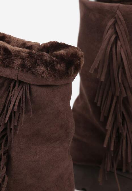Brązowe Botki Śniegowce z Wywiniętą Cholewką Zdobioną Frędzlami Sewela 6