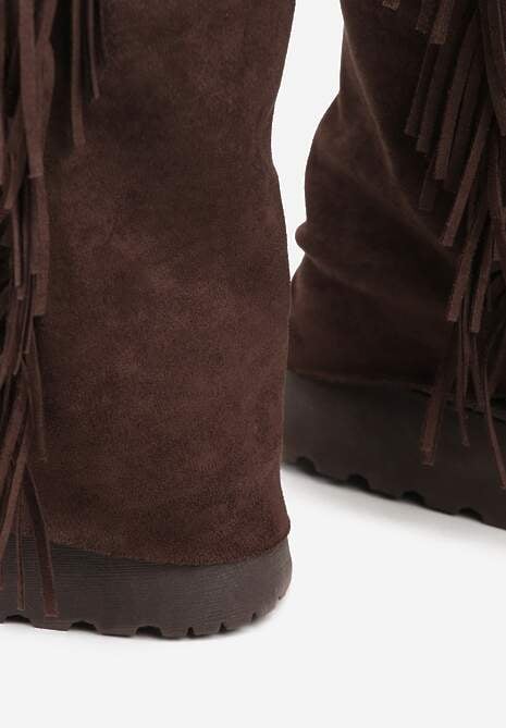 Brązowe Botki Śniegowce z Wywiniętą Cholewką Zdobioną Frędzlami Sewela 7