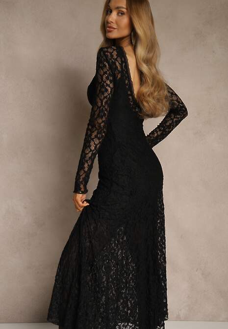 Czarna Elegancka Sukienka z Koronki z Odkrytymi Plecami Lilafera 4