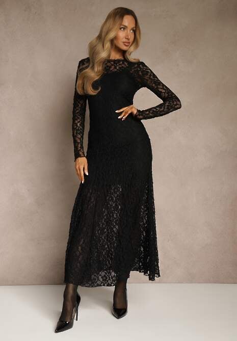 Czarna Elegancka Sukienka z Koronki z Odkrytymi Plecami Lilafera