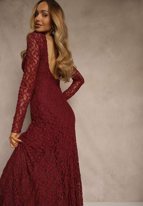 Bordowa Elegancka Sukienka z Koronki z Odkrytymi Plecami Lilafera 4