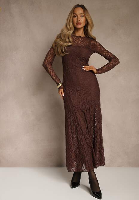 Brązowa Elegancka Sukienka z Koronki z Odkrytymi Plecami Lilafera 4