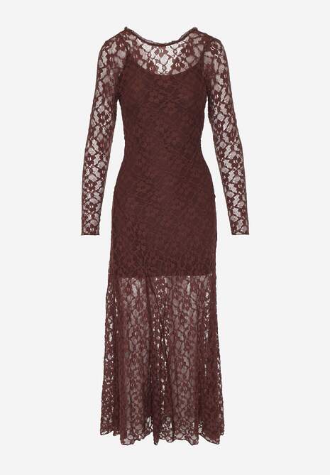 Brązowa Elegancka Sukienka z Koronki z Odkrytymi Plecami Lilafera 6