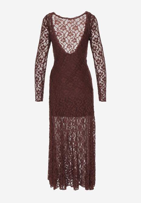 Brązowa Elegancka Sukienka z Koronki z Odkrytymi Plecami Lilafera 7