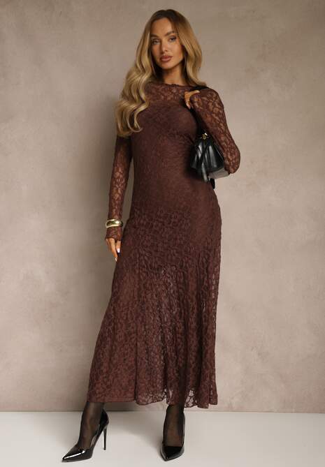 Brązowa Elegancka Sukienka z Koronki z Odkrytymi Plecami Lilafera