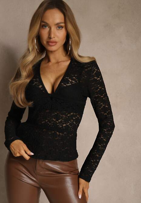 Czarna Bluzka Longsleeve z Koronki z Dekoltem w Kształcie Litery V Lerafera 4