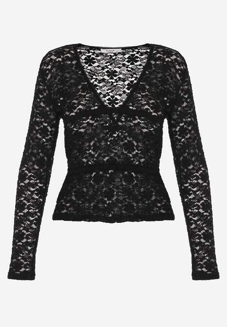 Czarna Bluzka Longsleeve z Koronki z Dekoltem w Kształcie Litery V Lerafera 6