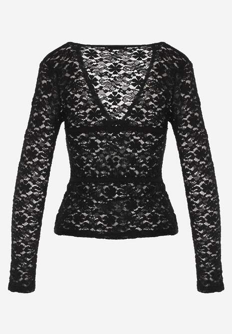 Czarna Bluzka Longsleeve z Koronki z Dekoltem w Kształcie Litery V Lerafera 7