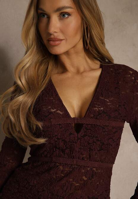 Bordowa Bluzka Longsleeve z Koronki z Dekoltem w Kształcie Litery V Lerafera 5