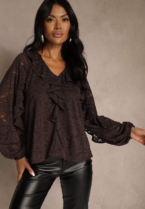 Brązowa Koronkowa Bluzka z Falbankami Sewrana 4
