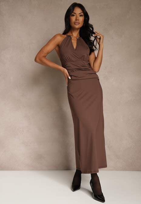 Brązowa Wieczorowa Sukienka Halter z Odkrytymi Plecami Sewsara