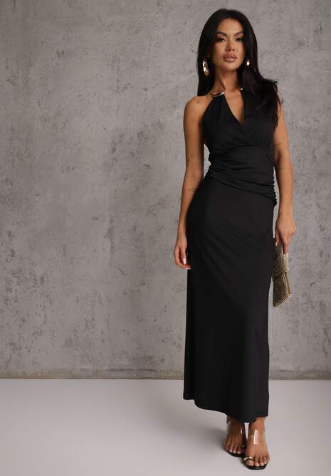 Czarna Wieczorowa Sukienka Halter z Odkrytymi Plecami Sewsara