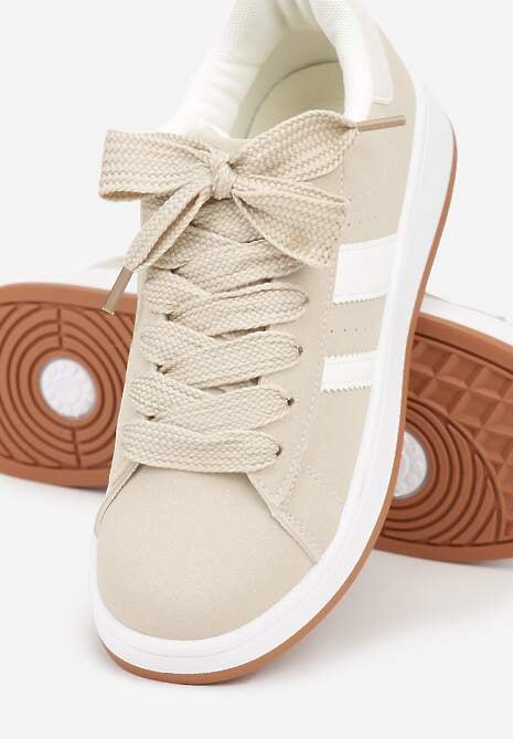 Beżowo-Białe Sneakersy na Niskiej Platformie z Naszywkami Flordexia 7