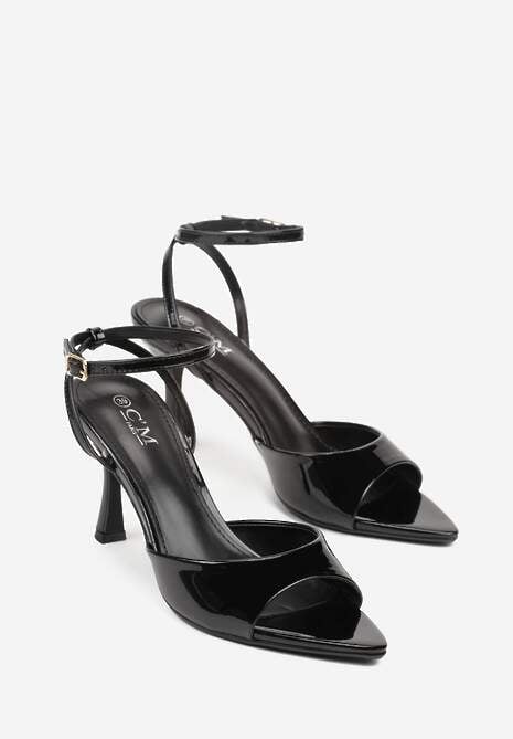 Czarne Sandały na Szpilce z Paskiem z Klamerką i Lakierowanym Połyskiem Celafere 5