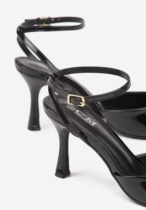 Czarne Sandały na Szpilce z Paskiem z Klamerką i Lakierowanym Połyskiem Celafere 6