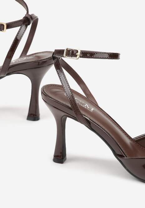 Brązowe Sandały na Szpilce z Paskiem z Klamerką i Lakierowanym Połyskiem Celafere 7