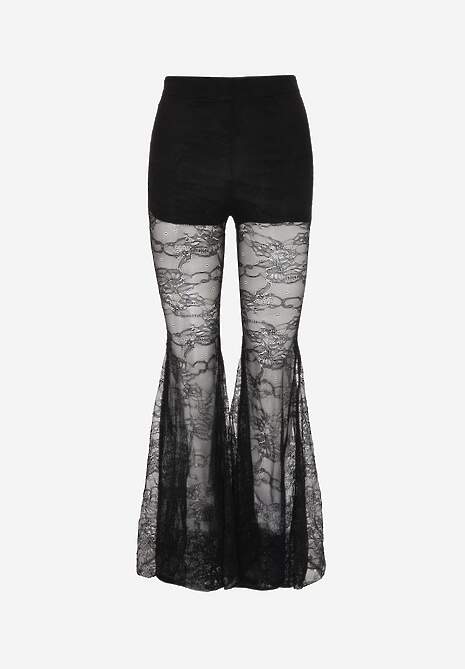 Czarne Spodnie High Waist o Kroju Dzwonów z Koronki Ferella 6