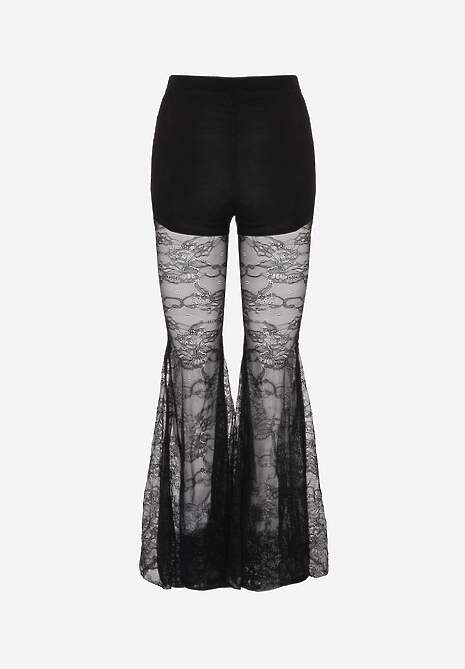 Czarne Spodnie High Waist o Kroju Dzwonów z Koronki Ferella 7