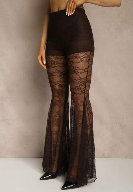 Brązowe Spodnie High Waist o Kroju Dzwonów z Koronki Ferella 4