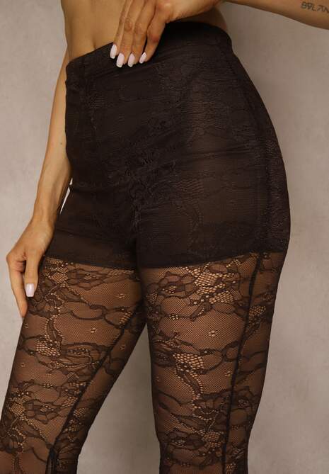 Brązowe Spodnie High Waist o Kroju Dzwonów z Koronki Ferella 5