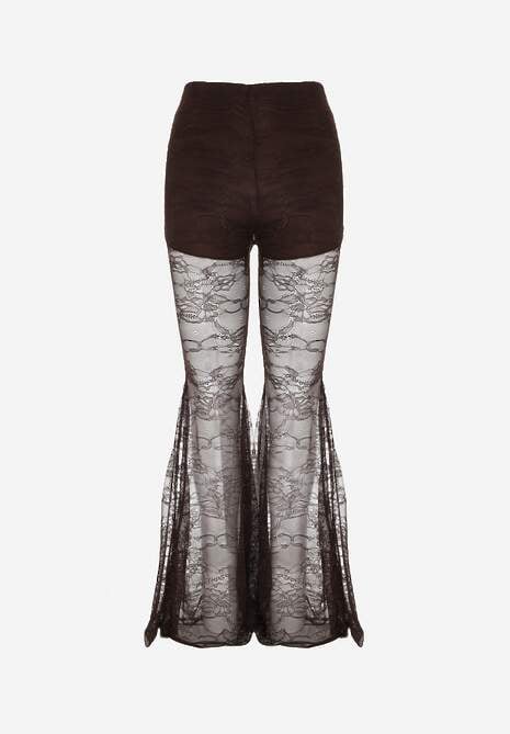 Brązowe Spodnie High Waist o Kroju Dzwonów z Koronki Ferella 6