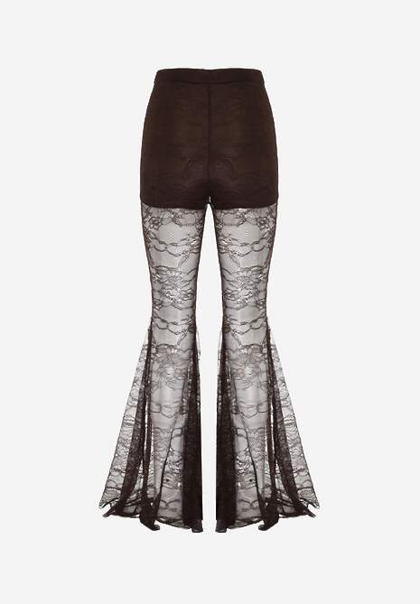 Brązowe Spodnie High Waist o Kroju Dzwonów z Koronki Ferella 7