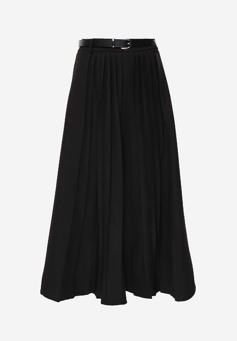 Czarna Rozkloszowana Spódnica z Wiskozy z Dodatkowym Paskiem z Klamrą Lowedina 6
