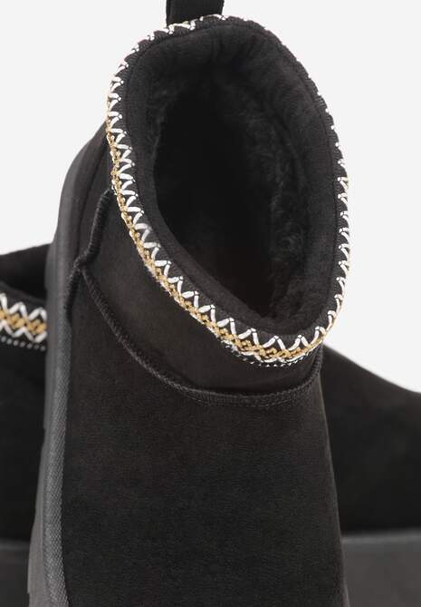 Czarne Śniegowce na Platformie z Haftem przy Cholewce Sewnera 7